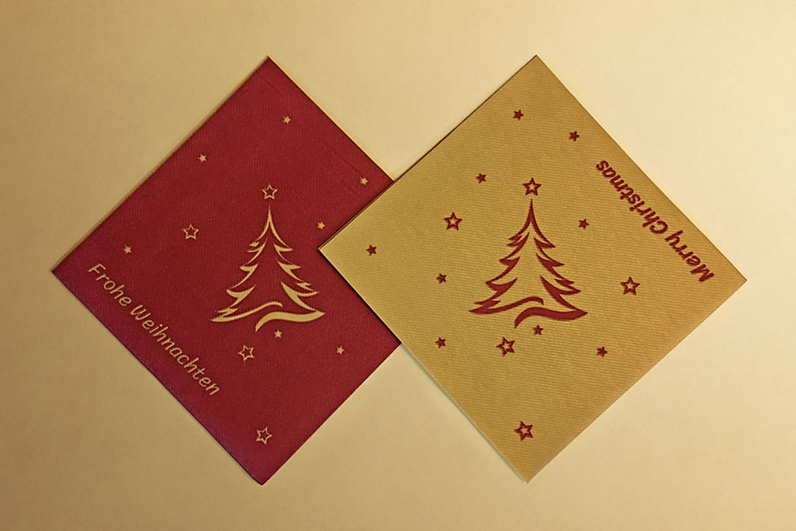 Weihnachten, Airlaid, Serviette, Weihnachtsbaum, bordeaux, rot, gold, Design-Tissue, Design, Grafikdesign, Printdesign, Printmedien, Jena, Thüringen, Frohe Weihnachten, Merry Christmas