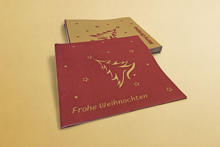 Weihnachten, Airlaid, Serviette, Weihnachtsbaum, bordeaux, rot, gold, Design-Tissue, Design, Grafikdesign, Printdesign, Printmedien, Jena, Thüringen, Frohe Weihnachten, Merry Christmas