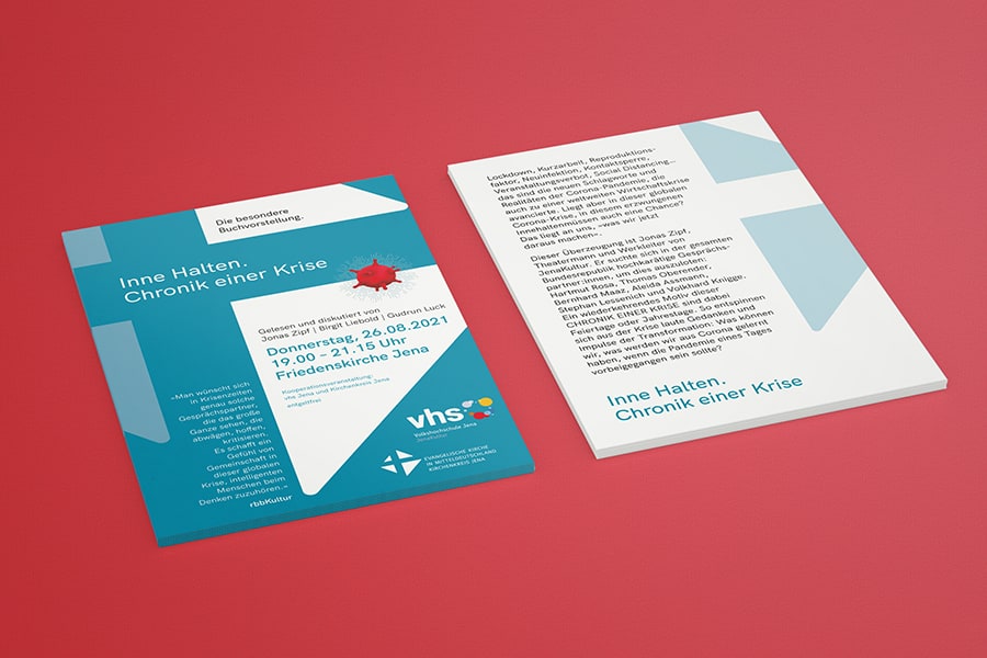 Flyer, Handzettel, zweiseitig, VHS, Volkshochschule, Corporate Design, Layout, Grafik, Grafikdesign, Printdesign, Druck, Jena, Thüringen, Buchvorstellung, Krise, Buch, Literatur, Lesung, Diskussion