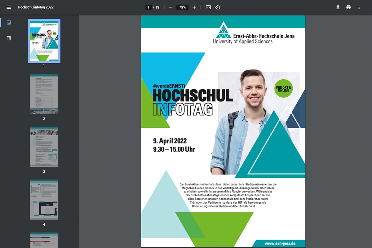 Digitale Broschüre, Layout, Design, Print, Druck, Hochschulinformationstag, HIT, FH, Hochschule, EAH, 2022, Jena, Thüringen