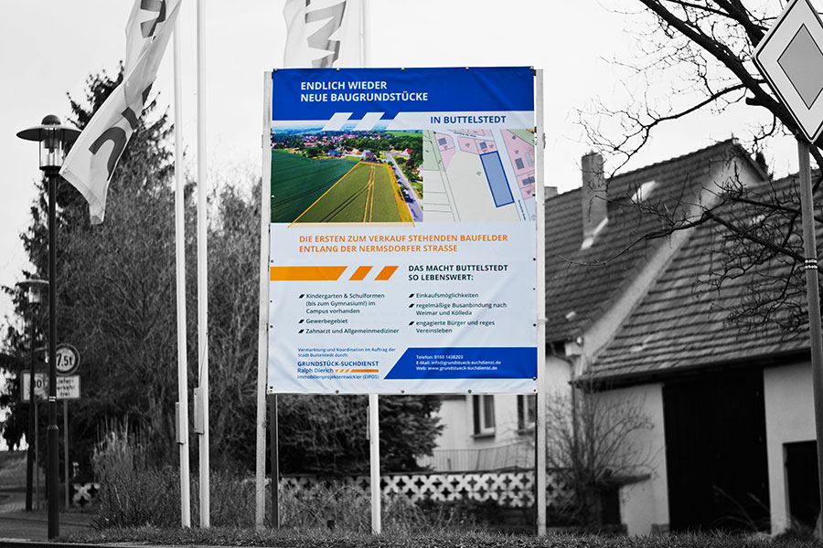 2019, Baugrund, Buttelstedt, Druck, Grafikdesign, Grundstück, Grundstücksuchdienst, Plane, Printdesign, Suchdienst, Werbetechnik, Banner